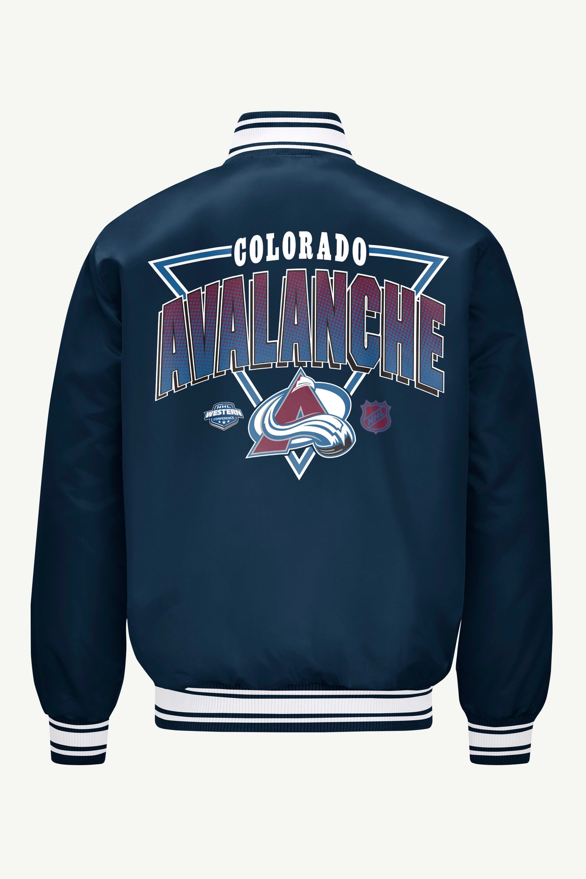 MENS COLORADO AVALANCHE TRIANGLE SATIN VARSITY JACKET