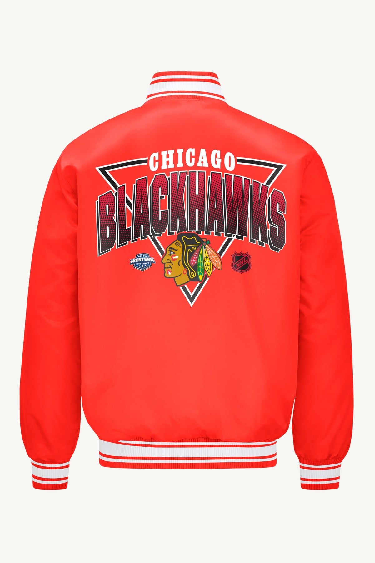 MENS CHICAGO BLACKHAWKS TRIANGLE SATIN VARSITY JACKET