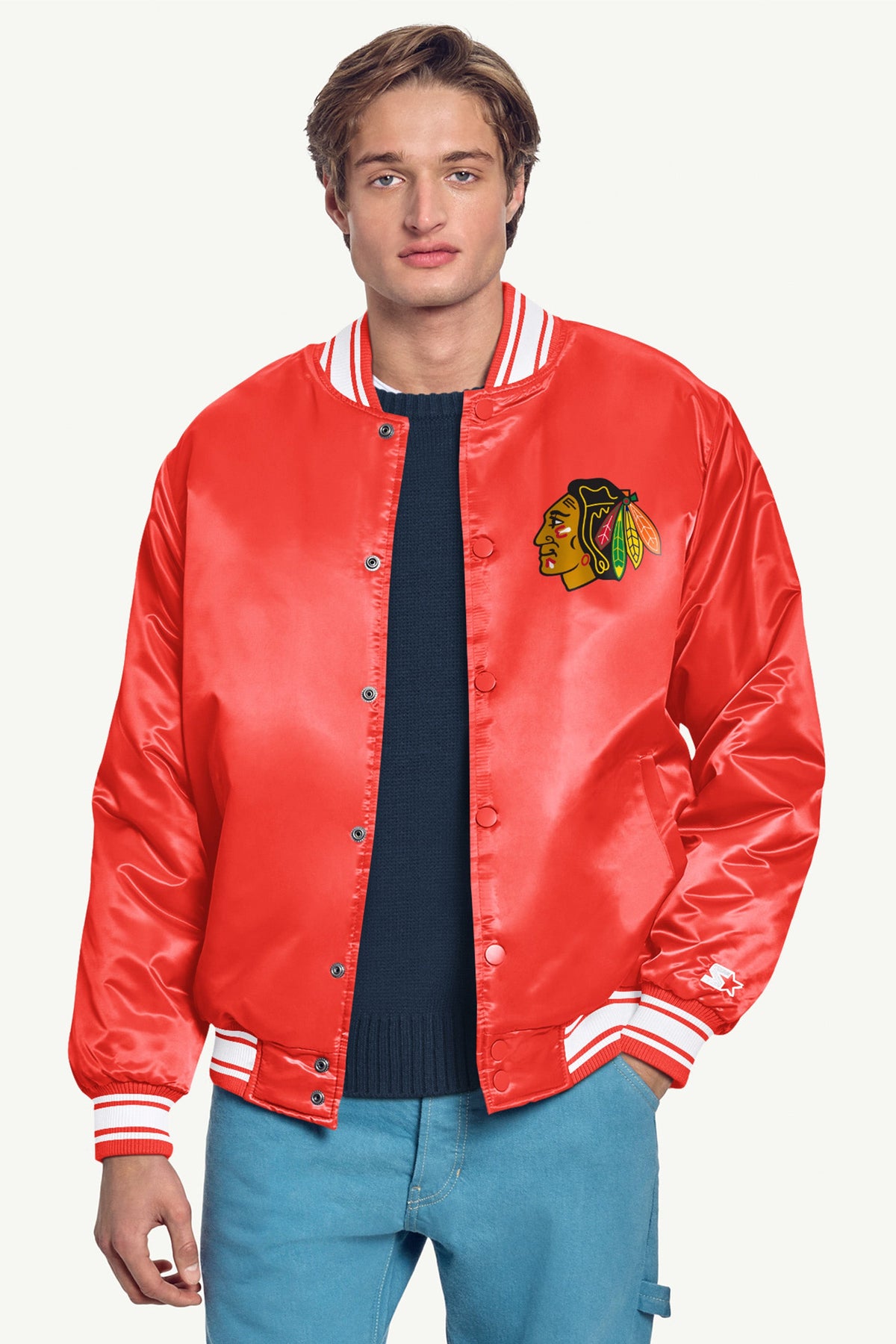MENS CHICAGO BLACKHAWKS TRIANGLE SATIN VARSITY JACKET