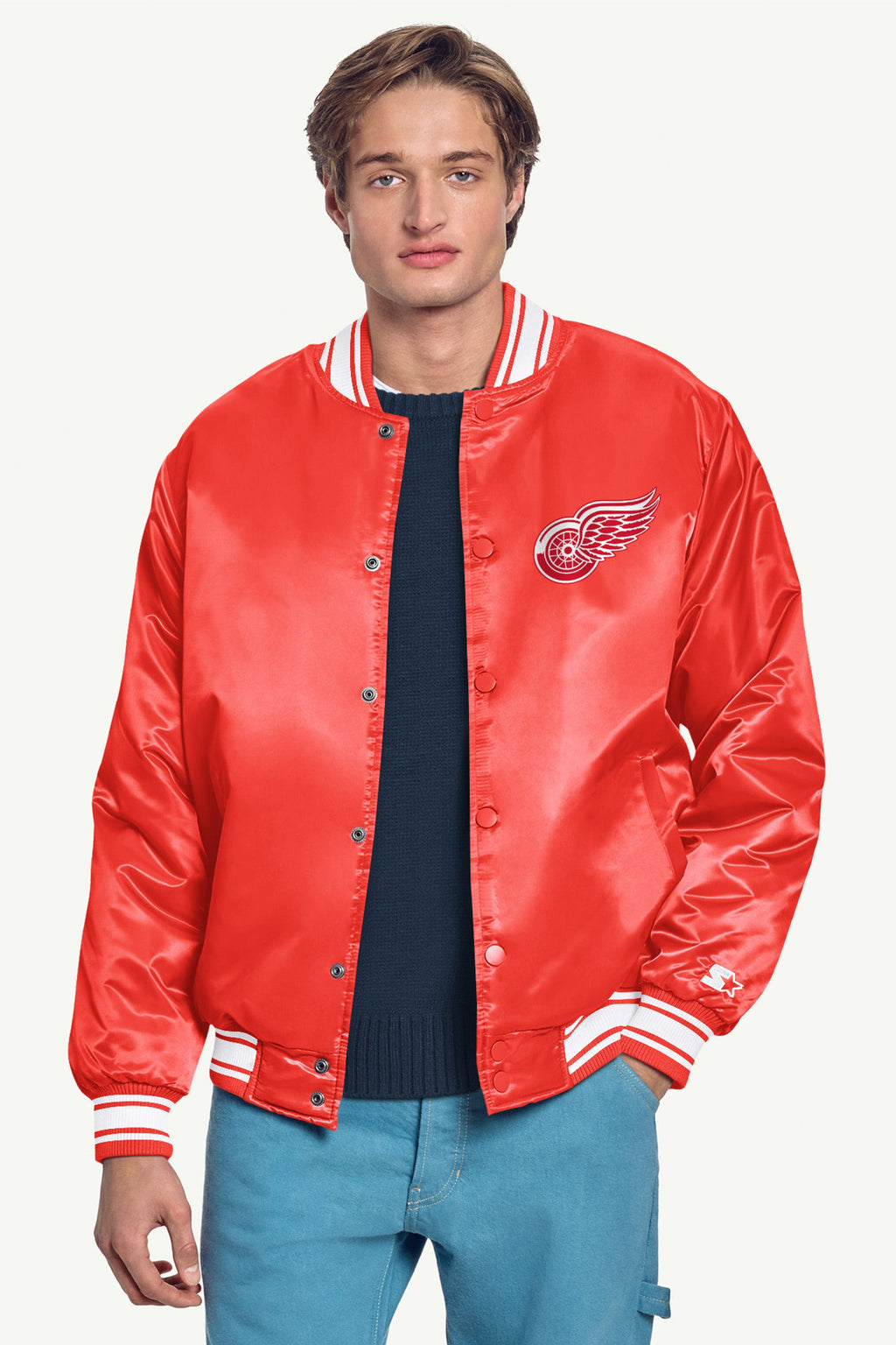 MENS DETROIT RED WINGS TRIANGLE SATIN VARSITY JACKET