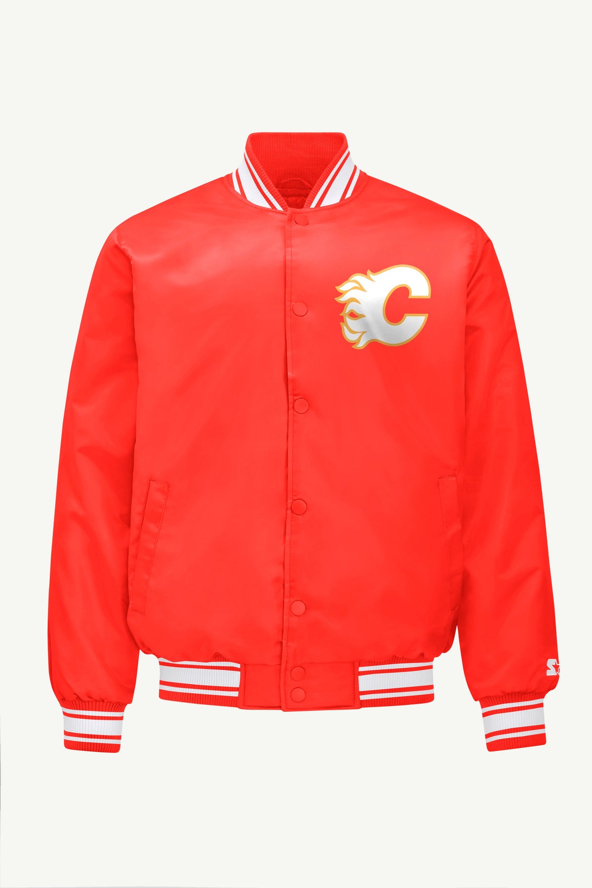 MENS CALGARY FLAMES PRINTED GRAPHIC TRIANGLE SATIN VARSITY JACKET