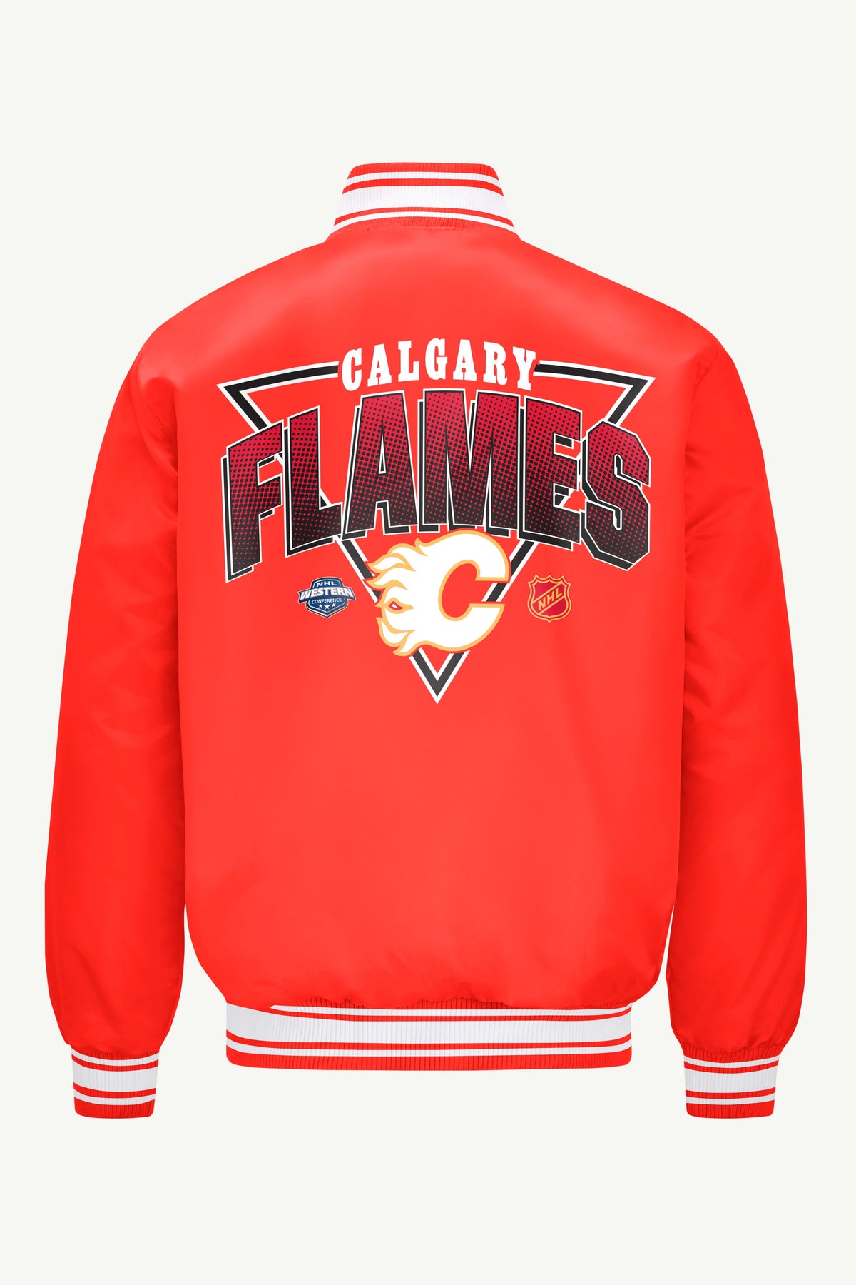 MENS CALGARY FLAMES PRINTED GRAPHIC TRIANGLE SATIN VARSITY JACKET