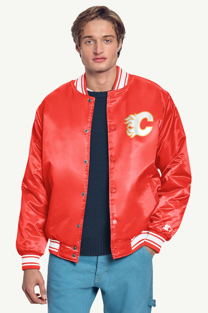 MENS CALGARY FLAMES PRINTED GRAPHIC TRIANGLE SATIN VARSITY JACKET